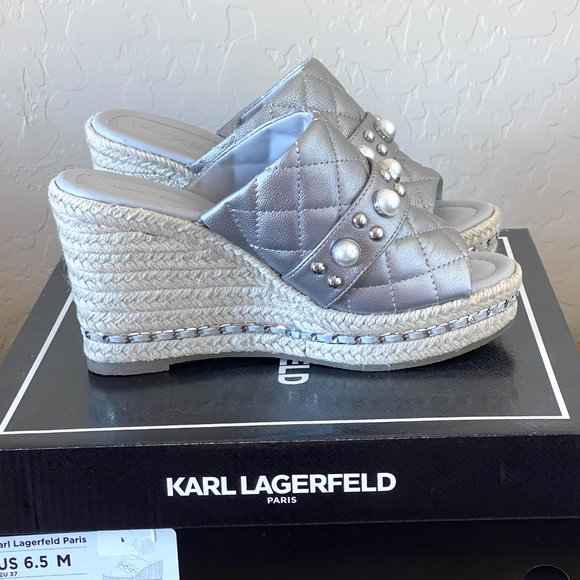 New Karl Lagerfeld Sandals 6.5 Camila Silver Pearl Stud Jute Platform Wedge - Picture 8 of 10